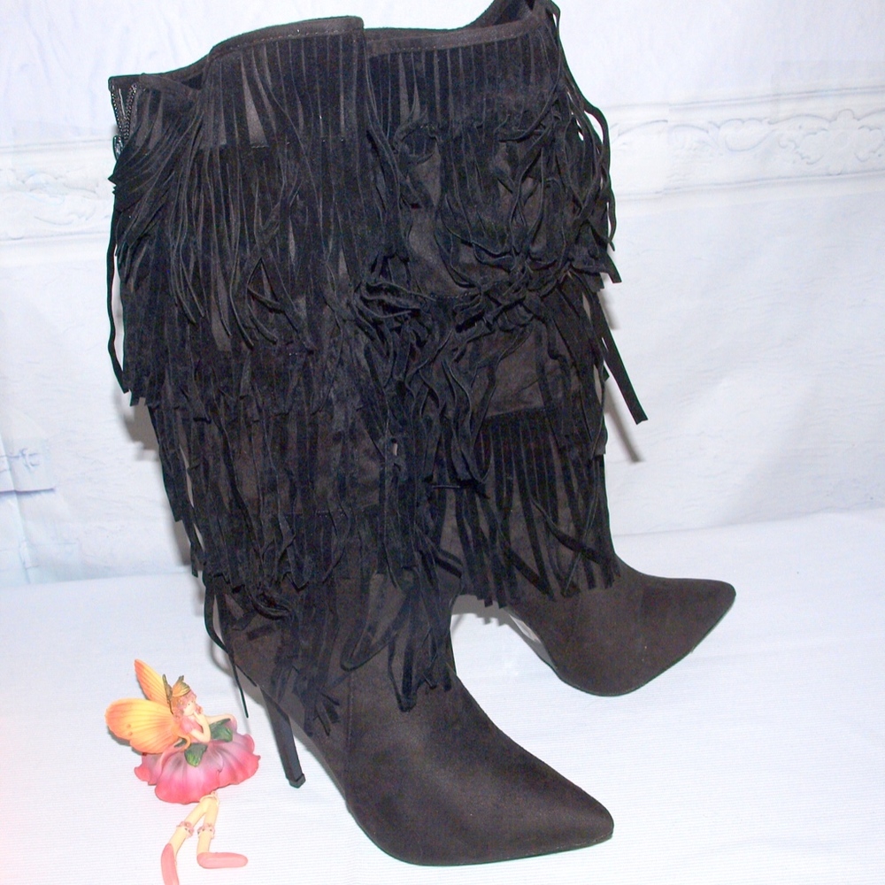 Alba Fringe Knee High Boots Boho Black 6.5M Super Fashionable Heeled Boots - Picture 5 of 6